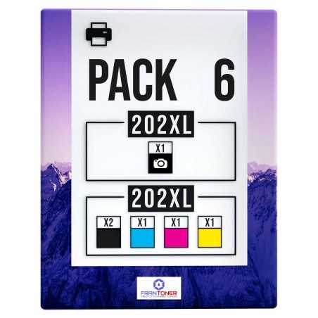 Pack de 6 cartouches compatibles 202XL Epson 2 noirs, 1 noir photo, 1 cyan, 1 magenta, 1 jaune Pack de 6 cartouches compatibles 202XL Epson 2 noirs, 1 noir photo, 1 cyan, 1 magenta, 1 jaune
